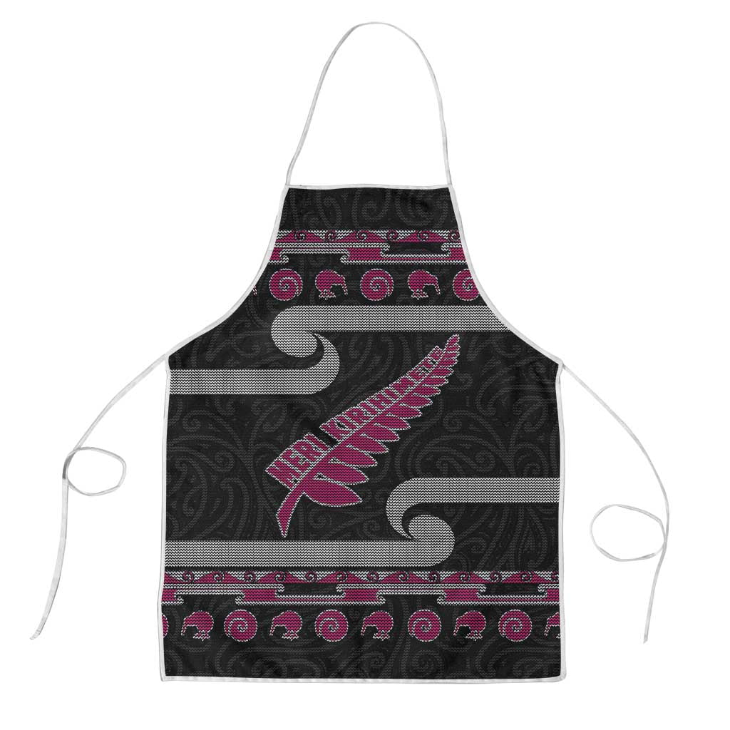 New Zealand Christmas Apron Meri Kirihimete Silver Fern Knit Style Pink Color - Polynesian Pride
