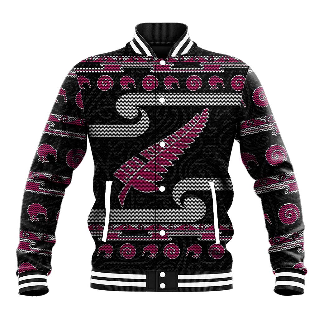 New Zealand Christmas Baseball Jacket Meri Kirihimete Silver Fern Knit Style Pink Color LT03 Unisex Pink - Polynesian Pride