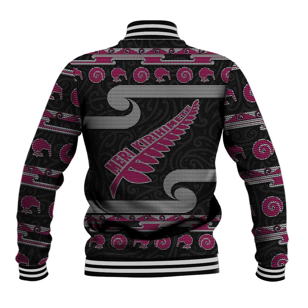 New Zealand Christmas Baseball Jacket Meri Kirihimete Silver Fern Knit Style Pink Color LT03 - Polynesian Pride
