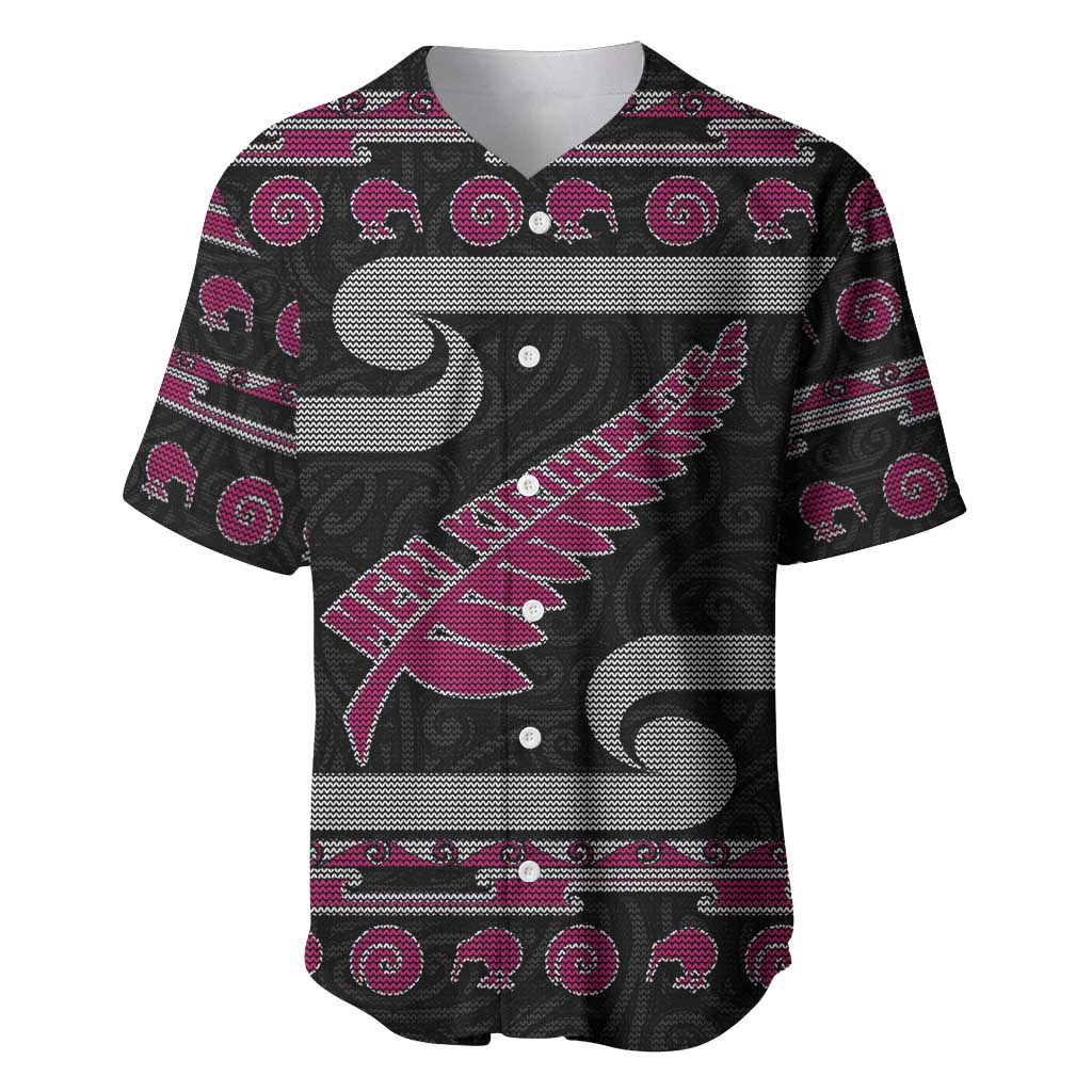 New Zealand Christmas Baseball Jersey Meri Kirihimete Silver Fern Knit Style Pink Color LT03 Pink - Polynesian Pride