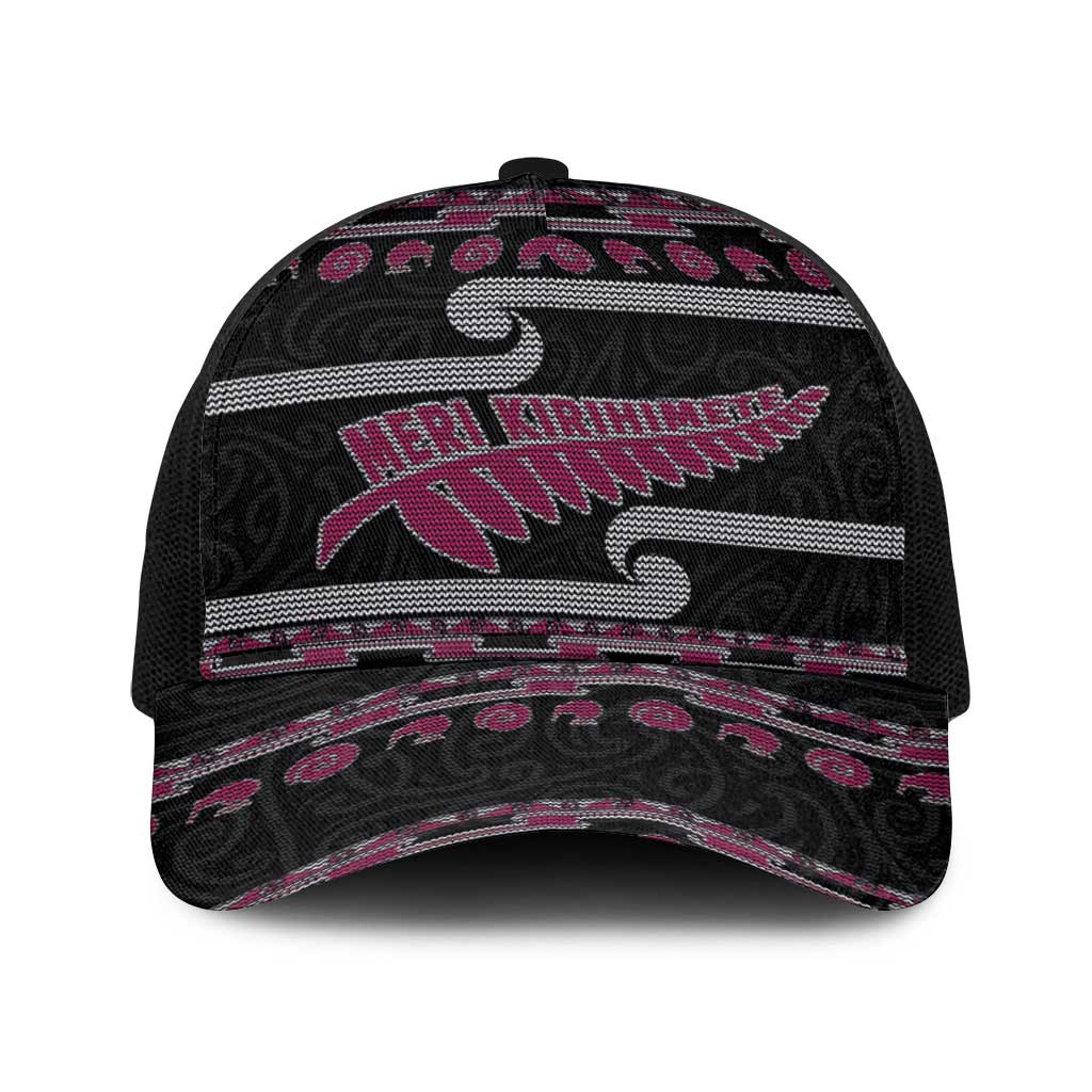 New Zealand Christmas Baseball Net Cap Meri Kirihimete Silver Fern Knit Style Pink Color LT03 One Size Black Pink - Polynesian Pride