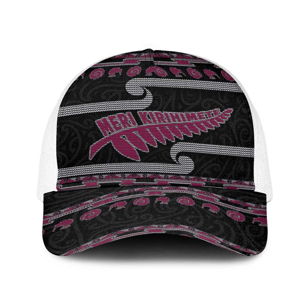 New Zealand Christmas Baseball Net Cap Meri Kirihimete Silver Fern Knit Style Pink Color LT03 One Size White Pink - Polynesian Pride
