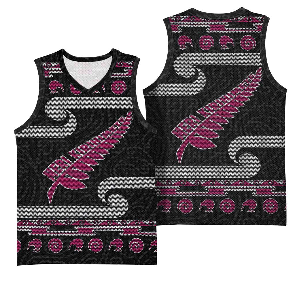 New Zealand Christmas Basketball Jersey Meri Kirihimete Silver Fern Knit Style Pink Color LT03 - Polynesian Pride