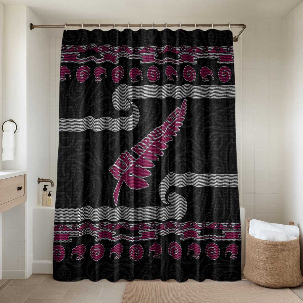New Zealand Christmas Bathroom Set Meri Kirihimete Silver Fern Knit Style Pink Color LT03 Shower Curtain Only Pink - Polynesian Pride