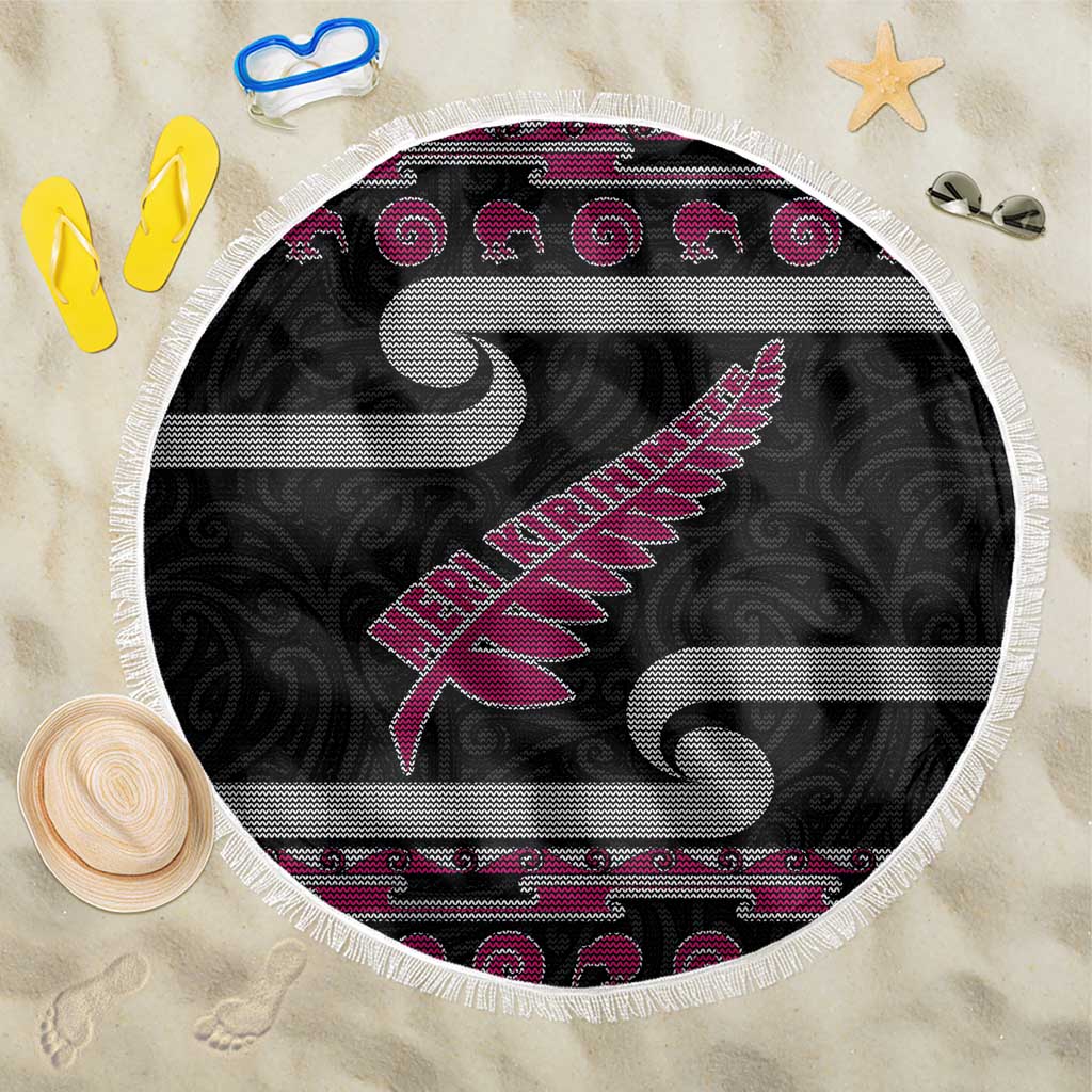 New Zealand Christmas Beach Blanket Meri Kirihimete Silver Fern Knit Style Pink Color LT03 One Size 150cm Pink - Polynesian Pride
