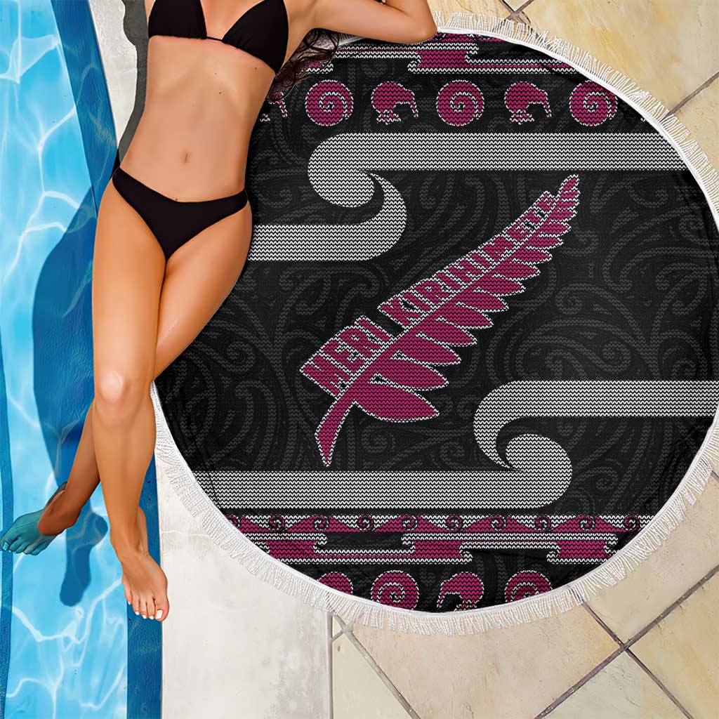New Zealand Christmas Beach Blanket Meri Kirihimete Silver Fern Knit Style Pink Color LT03 - Polynesian Pride