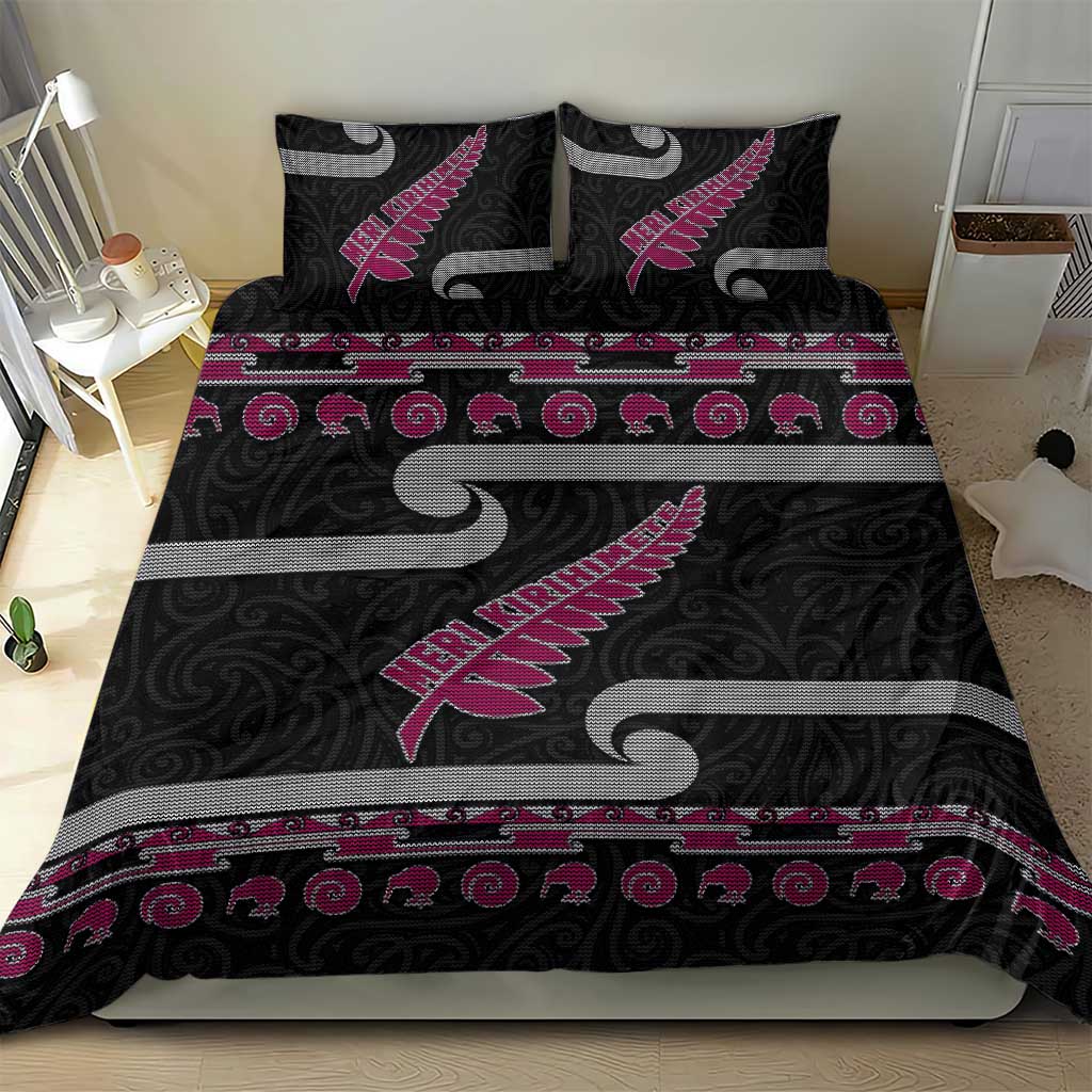 New Zealand Christmas Bedding Set Meri Kirihimete Silver Fern Knit Style Pink Color LT03 - Polynesian Pride