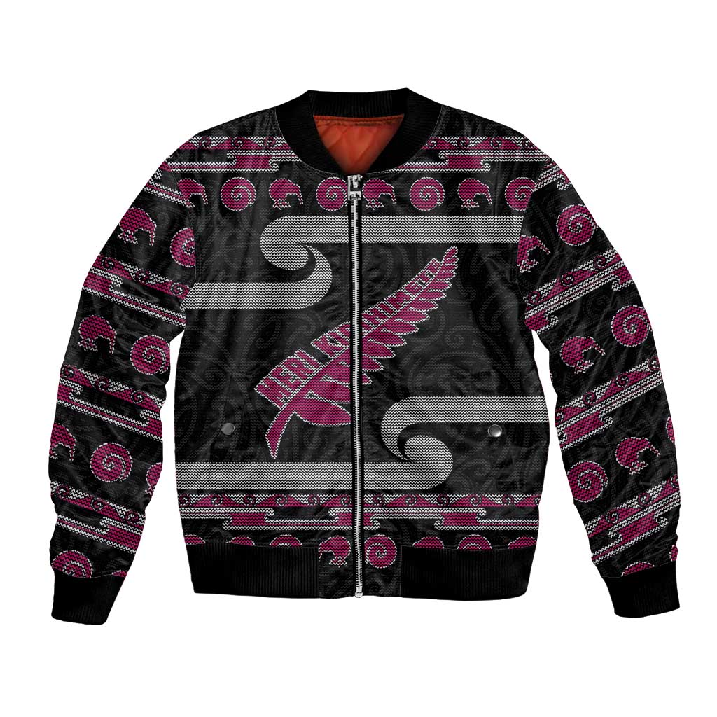 New Zealand Christmas Bomber Jacket Meri Kirihimete Silver Fern Knit Style Pink Color LT03 Unisex Pink - Polynesian Pride