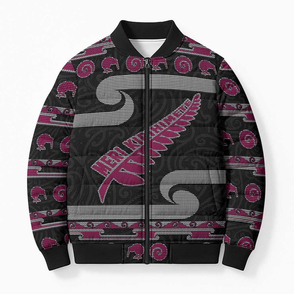 New Zealand Christmas Bomber Puffer Jacket Meri Kirihimete Silver Fern Knit Style Pink Color LT03 Unisex Pink - Polynesian Pride