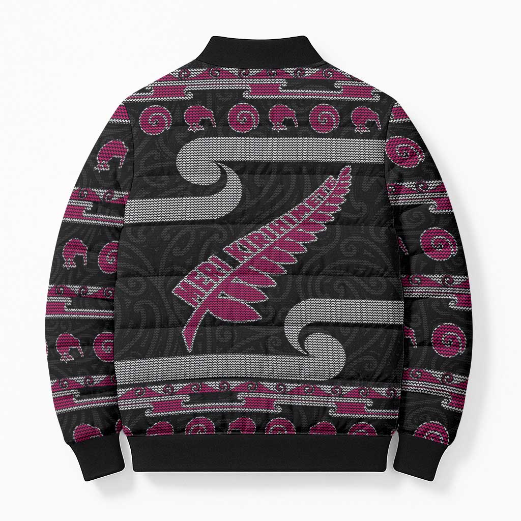 New Zealand Christmas Bomber Puffer Jacket Meri Kirihimete Silver Fern Knit Style Pink Color LT03 - Polynesian Pride