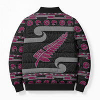 New Zealand Christmas Bomber Puffer Jacket Meri Kirihimete Silver Fern Knit Style Pink Color LT03 - Polynesian Pride
