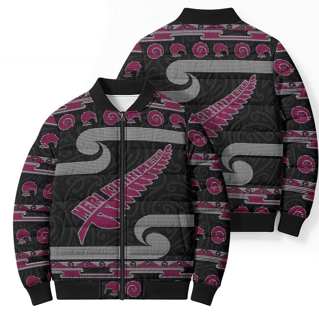 New Zealand Christmas Bomber Puffer Jacket Meri Kirihimete Silver Fern Knit Style Pink Color LT03 - Polynesian Pride