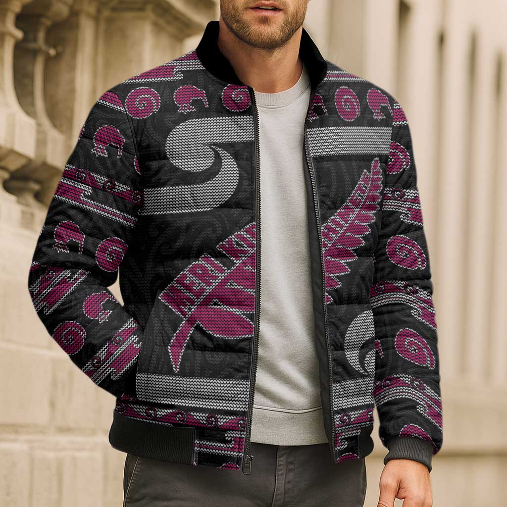New Zealand Christmas Bomber Puffer Jacket Meri Kirihimete Silver Fern Knit Style Pink Color LT03 - Polynesian Pride