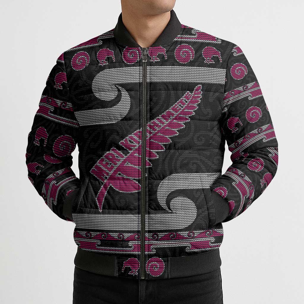 New Zealand Christmas Bomber Puffer Jacket Meri Kirihimete Silver Fern Knit Style Pink Color LT03 - Polynesian Pride