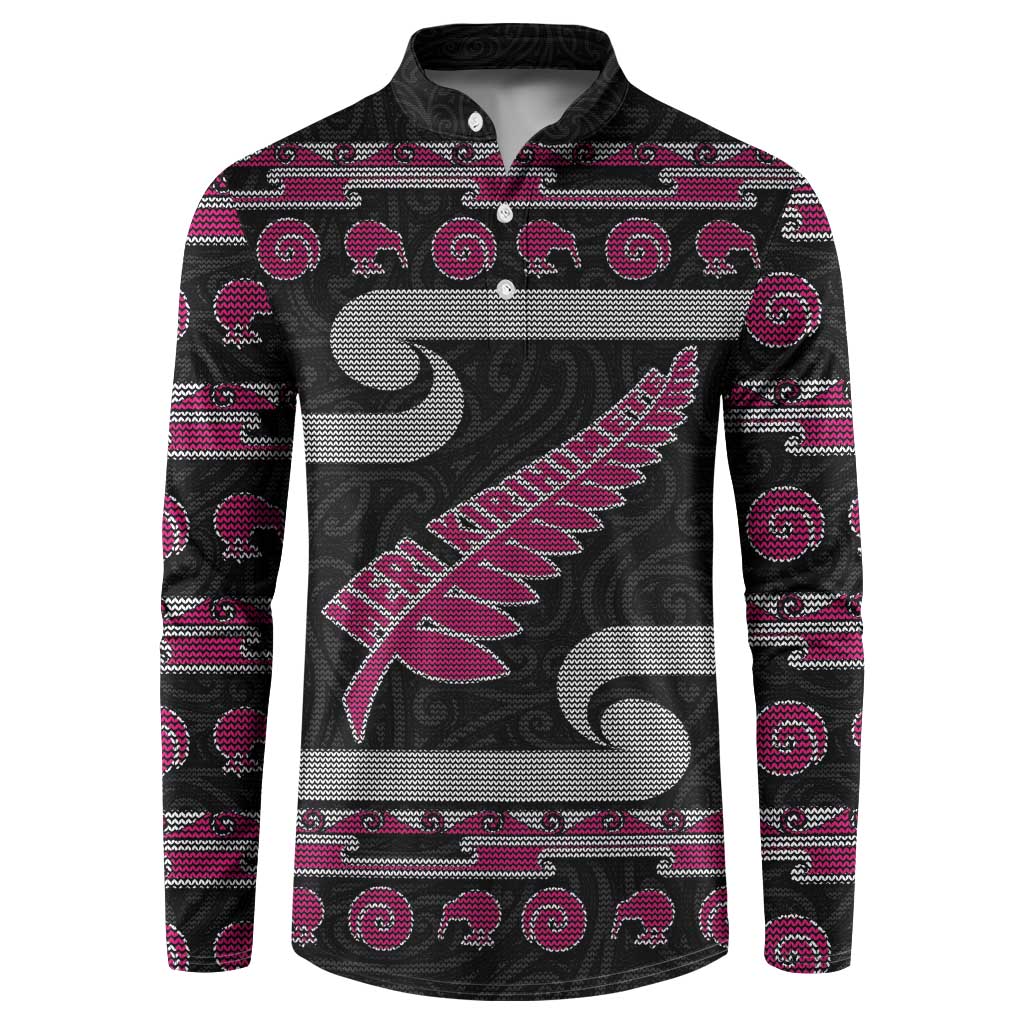 New Zealand Christmas Button Sweatshirt Meri Kirihimete Silver Fern Knit Style Pink Color LT03 Pink - Polynesian Pride