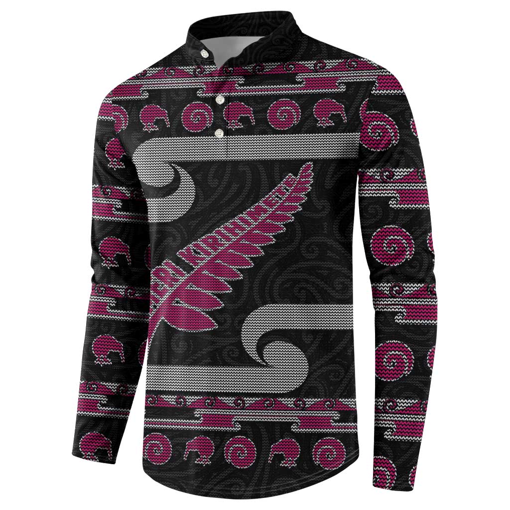 New Zealand Christmas Button Sweatshirt Meri Kirihimete Silver Fern Knit Style Pink Color LT03 - Polynesian Pride