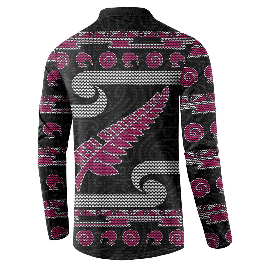 New Zealand Christmas Button Sweatshirt Meri Kirihimete Silver Fern Knit Style Pink Color LT03 - Polynesian Pride