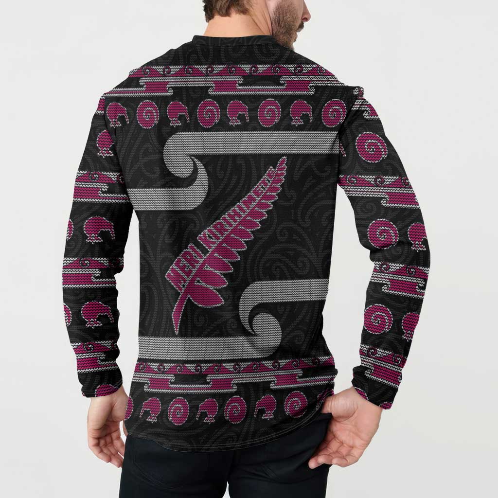 New Zealand Christmas Button Sweatshirt Meri Kirihimete Silver Fern Knit Style Pink Color LT03 - Polynesian Pride