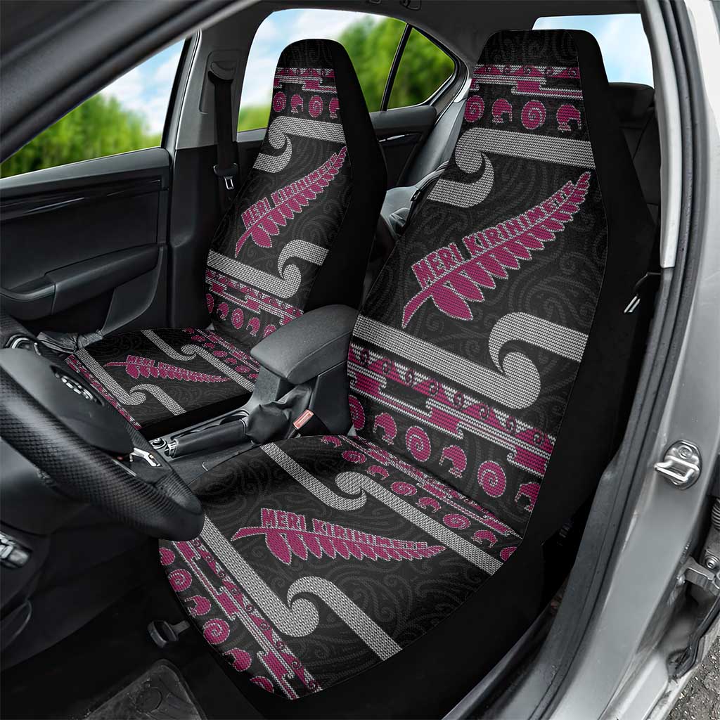New Zealand Christmas Car Seat Cover Meri Kirihimete Silver Fern Knit Style Pink Color LT03 - Polynesian Pride