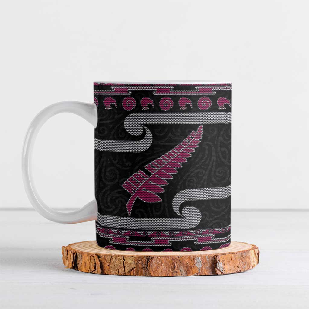 New Zealand Christmas Ceramic Mug Meri Kirihimete Silver Fern Knit Style Pink Color LT03 Pink - Polynesian Pride