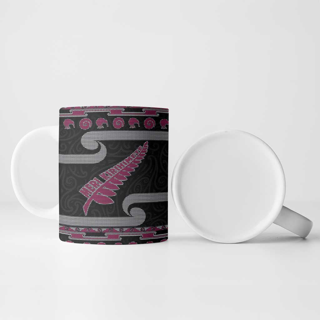 New Zealand Christmas Ceramic Mug Meri Kirihimete Silver Fern Knit Style Pink Color LT03 - Polynesian Pride