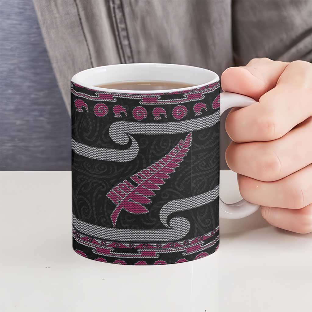 New Zealand Christmas Ceramic Mug Meri Kirihimete Silver Fern Knit Style Pink Color LT03 - Polynesian Pride