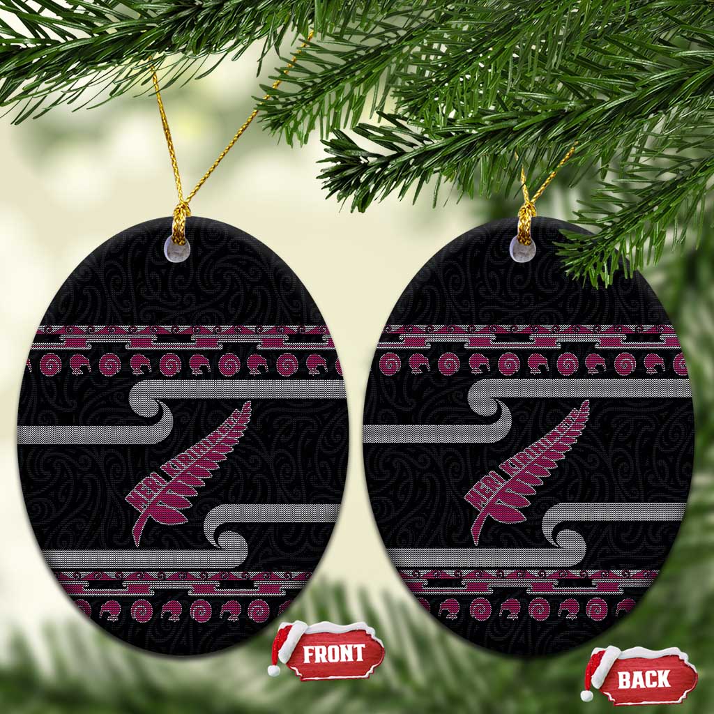 New Zealand Christmas Ceramic Ornament Meri Kirihimete Silver Fern Knit Style Pink Color LT03 Oval Pink - Polynesian Pride