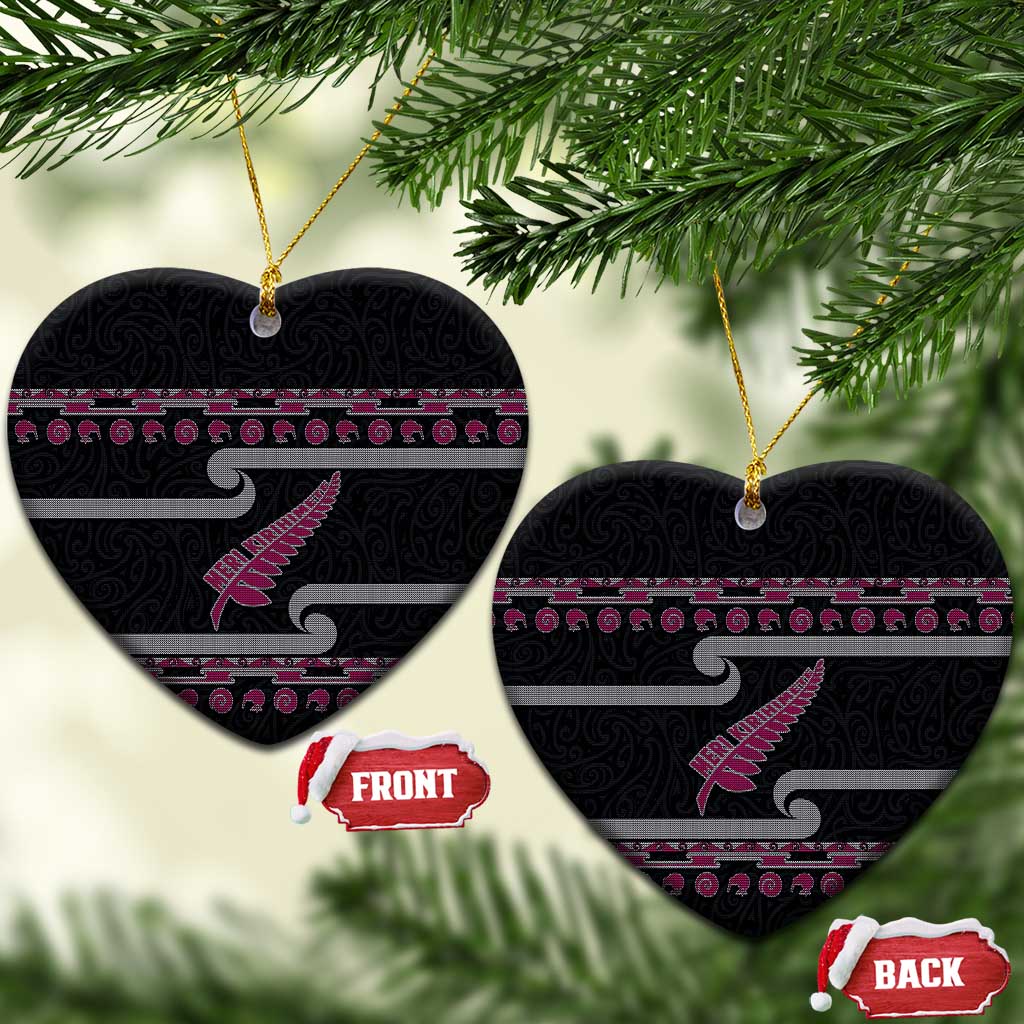 New Zealand Christmas Ceramic Ornament Meri Kirihimete Silver Fern Knit Style Pink Color LT03 Heart Pink - Polynesian Pride