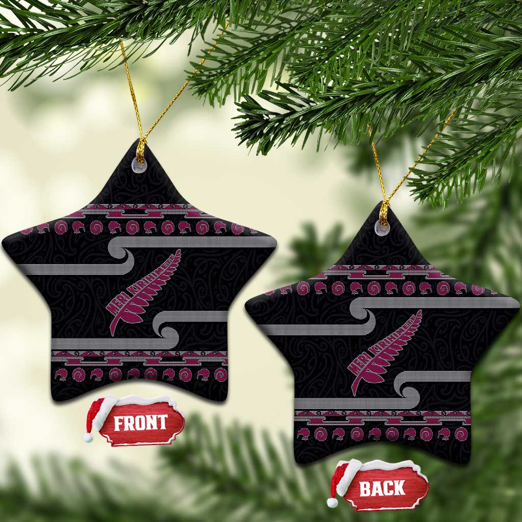 New Zealand Christmas Ceramic Ornament Meri Kirihimete Silver Fern Knit Style Pink Color LT03 Star Pink - Polynesian Pride