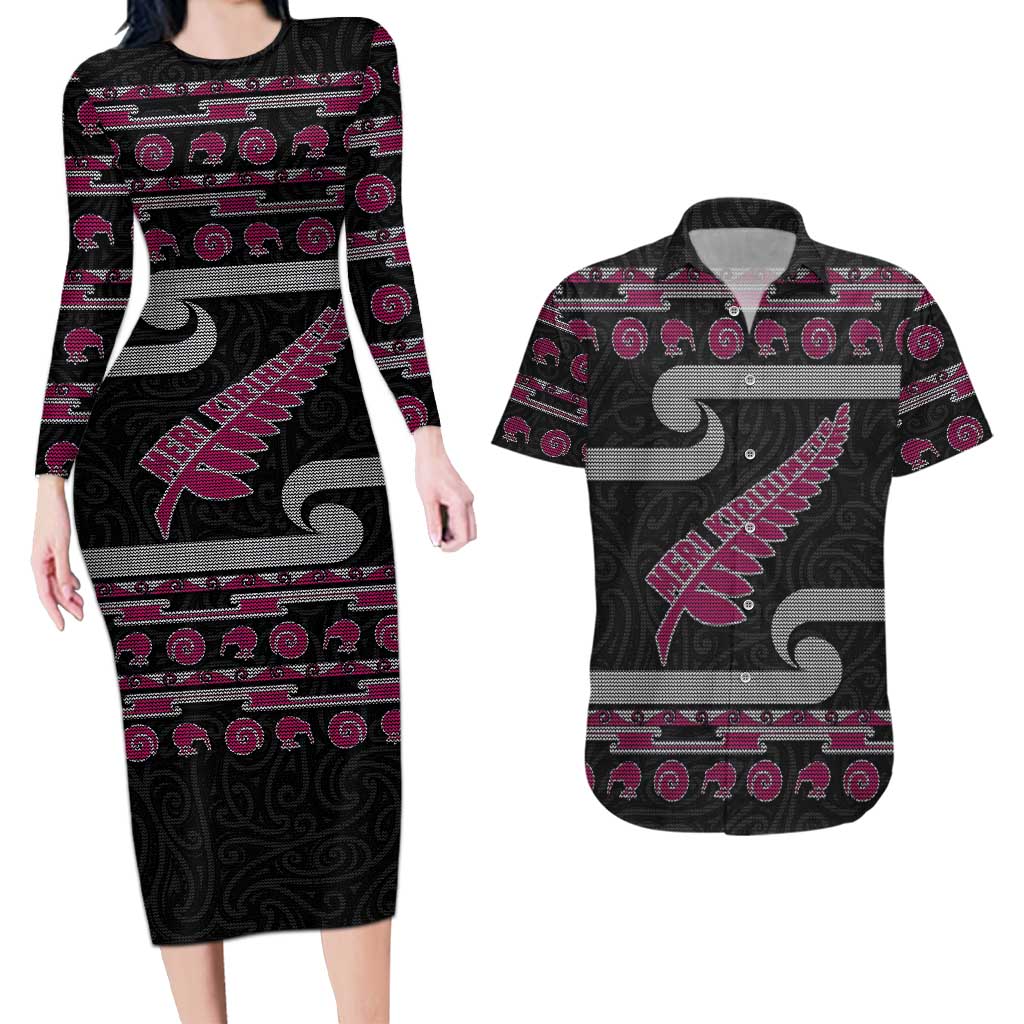 New Zealand Christmas Couples Matching Long Sleeve Bodycon Dress and Hawaiian Shirt Meri Kirihimete Silver Fern Knit Style Pink Color LT03 Pink - Polynesian Pride