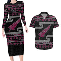 New Zealand Christmas Couples Matching Long Sleeve Bodycon Dress and Hawaiian Shirt Meri Kirihimete Silver Fern Knit Style Pink Color LT03 Pink - Polynesian Pride