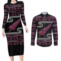 New Zealand Christmas Couples Matching Long Sleeve Bodycon Dress and Long Sleeve Button Shirt Meri Kirihimete Silver Fern Knit Style Pink Color LT03 Pink - Polynesian Pride