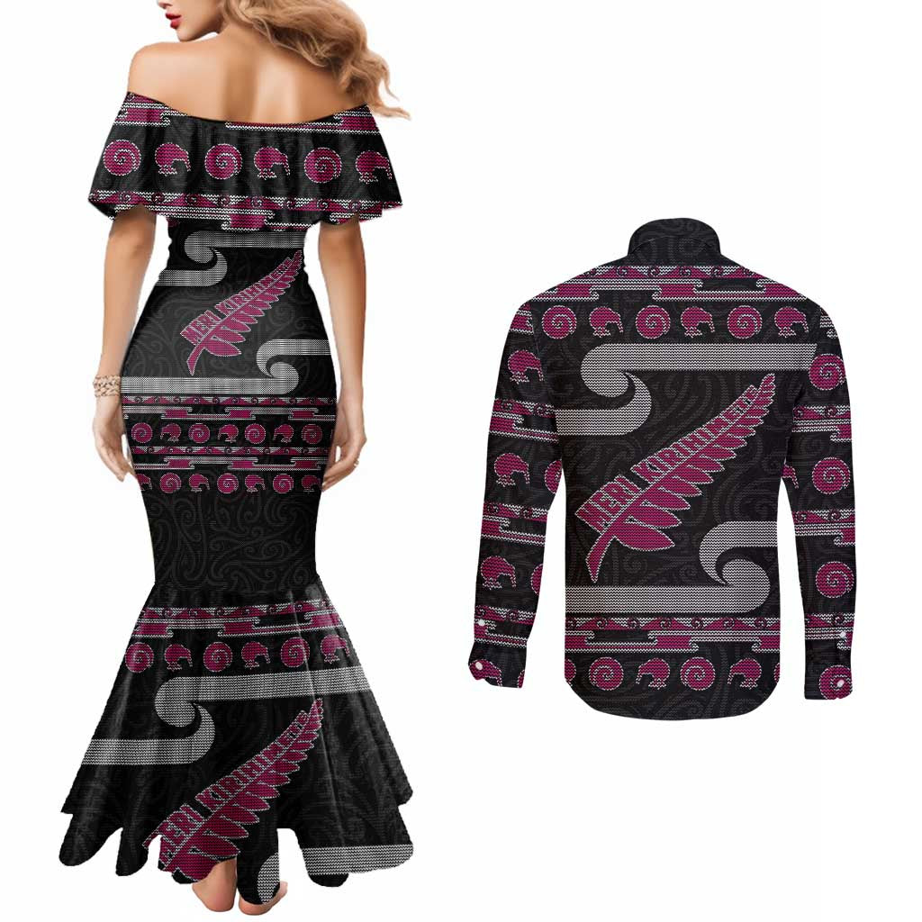 New Zealand Christmas Couples Matching Mermaid Dress and Long Sleeve Button Shirt Meri Kirihimete Silver Fern Knit Style Pink Color LT03 - Polynesian Pride