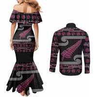New Zealand Christmas Couples Matching Mermaid Dress and Long Sleeve Button Shirt Meri Kirihimete Silver Fern Knit Style Pink Color LT03 - Polynesian Pride