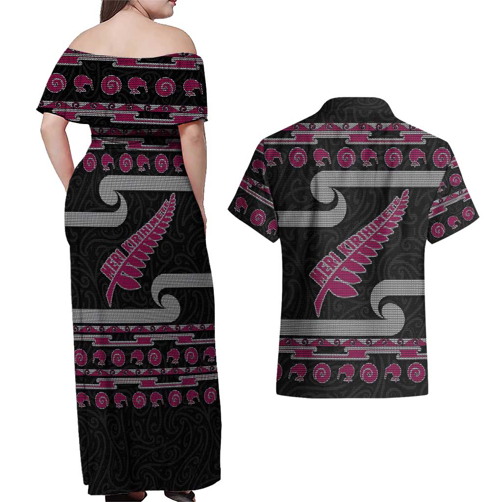New Zealand Christmas Couples Matching Off Shoulder Maxi Dress and Hawaiian Shirt Meri Kirihimete Silver Fern Knit Style Pink Color LT03 - Polynesian Pride