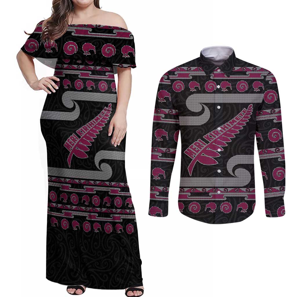 New Zealand Christmas Couples Matching Off Shoulder Maxi Dress and Long Sleeve Button Shirt Meri Kirihimete Silver Fern Knit Style Pink Color LT03 Pink - Polynesian Pride