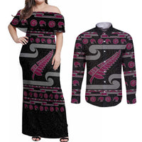 New Zealand Christmas Couples Matching Off Shoulder Maxi Dress and Long Sleeve Button Shirt Meri Kirihimete Silver Fern Knit Style Pink Color LT03 Pink - Polynesian Pride