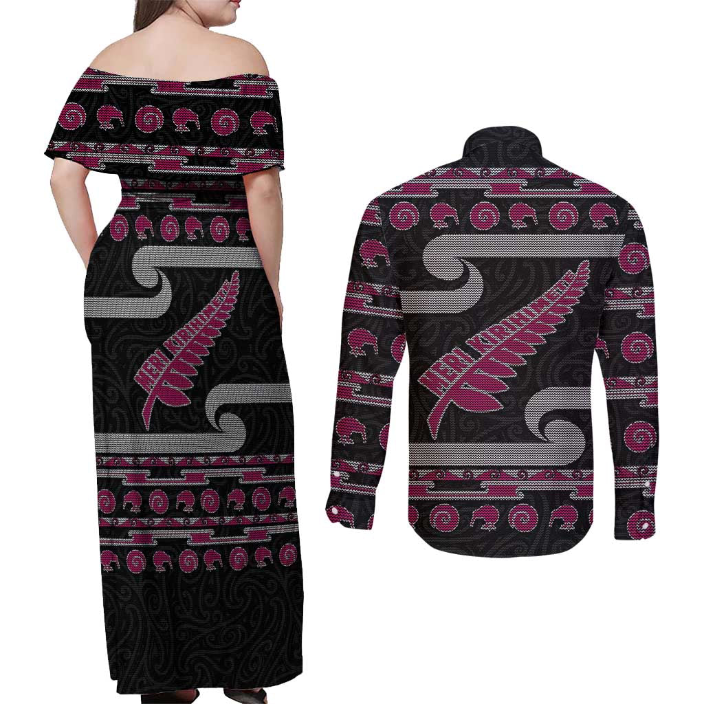 New Zealand Christmas Couples Matching Off Shoulder Maxi Dress and Long Sleeve Button Shirt Meri Kirihimete Silver Fern Knit Style Pink Color LT03 - Polynesian Pride
