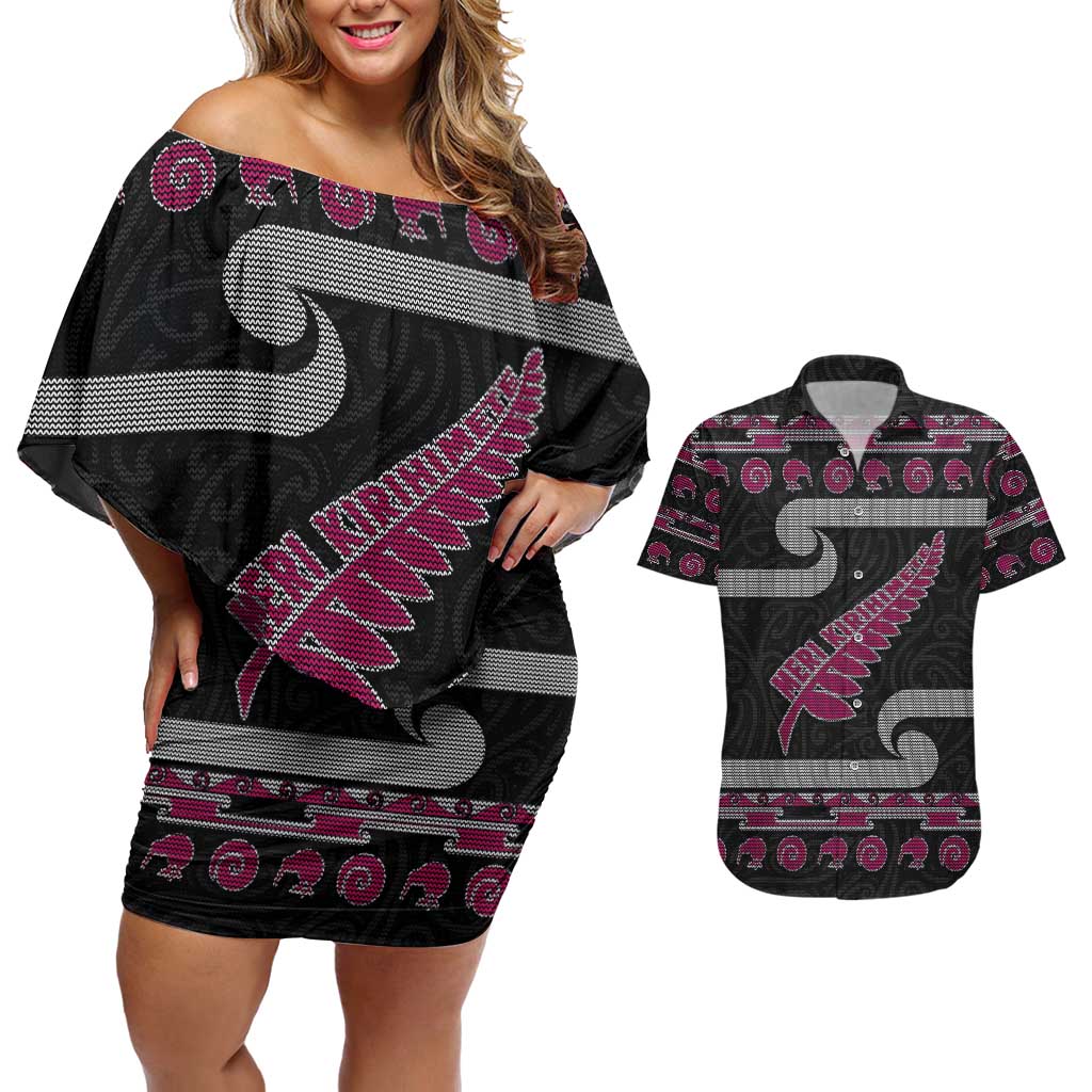 New Zealand Christmas Couples Matching Off Shoulder Short Dress and Hawaiian Shirt Meri Kirihimete Silver Fern Knit Style Pink Color LT03 Pink - Polynesian Pride