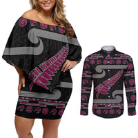 New Zealand Christmas Couples Matching Off Shoulder Short Dress and Long Sleeve Button Shirt Meri Kirihimete Silver Fern Knit Style Pink Color LT03 Pink - Polynesian Pride
