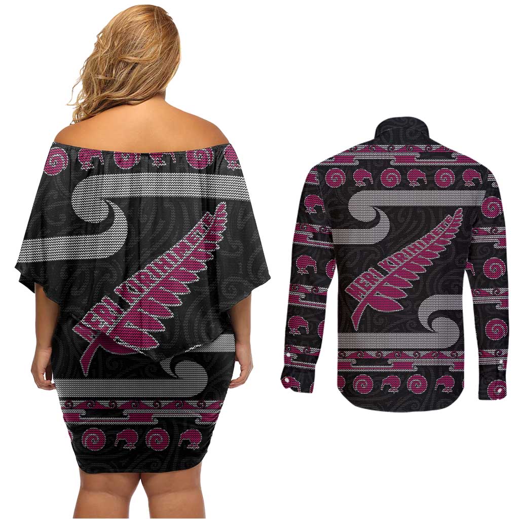 New Zealand Christmas Couples Matching Off Shoulder Short Dress and Long Sleeve Button Shirt Meri Kirihimete Silver Fern Knit Style Pink Color LT03 - Polynesian Pride