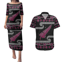 New Zealand Christmas Couples Matching Puletasi and Hawaiian Shirt Meri Kirihimete Silver Fern Knit Style Pink Color LT03 Pink - Polynesian Pride