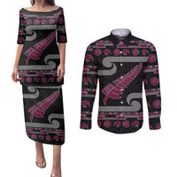 New Zealand Christmas Couples Matching Puletasi and Long Sleeve Button Shirt Meri Kirihimete Silver Fern Knit Style Pink Color LT03 Pink - Polynesian Pride