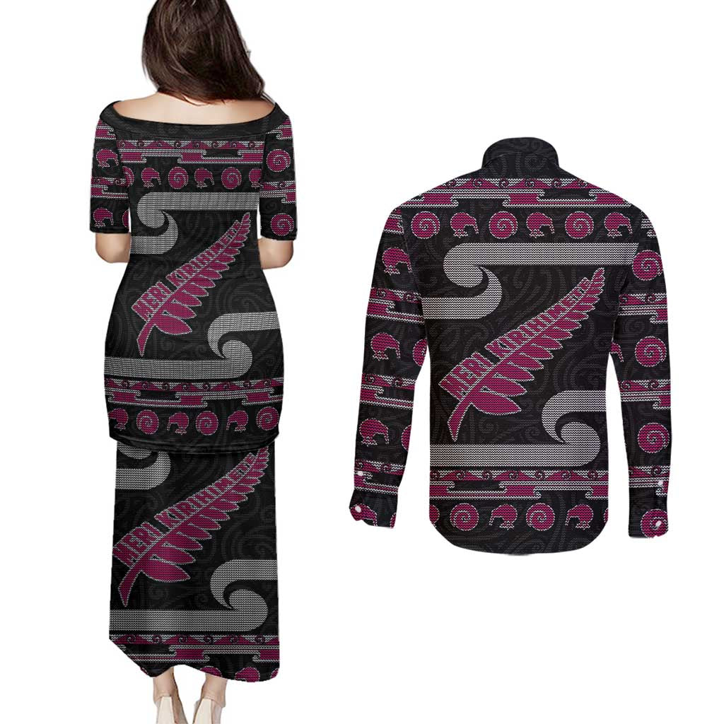 New Zealand Christmas Couples Matching Puletasi and Long Sleeve Button Shirt Meri Kirihimete Silver Fern Knit Style Pink Color LT03 - Polynesian Pride