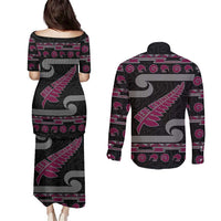 New Zealand Christmas Couples Matching Puletasi and Long Sleeve Button Shirt Meri Kirihimete Silver Fern Knit Style Pink Color LT03 - Polynesian Pride