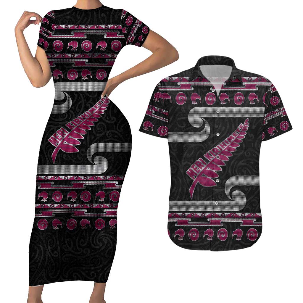 New Zealand Christmas Couples Matching Short Sleeve Bodycon Dress and Hawaiian Shirt Meri Kirihimete Silver Fern Knit Style Pink Color LT03 Pink - Polynesian Pride