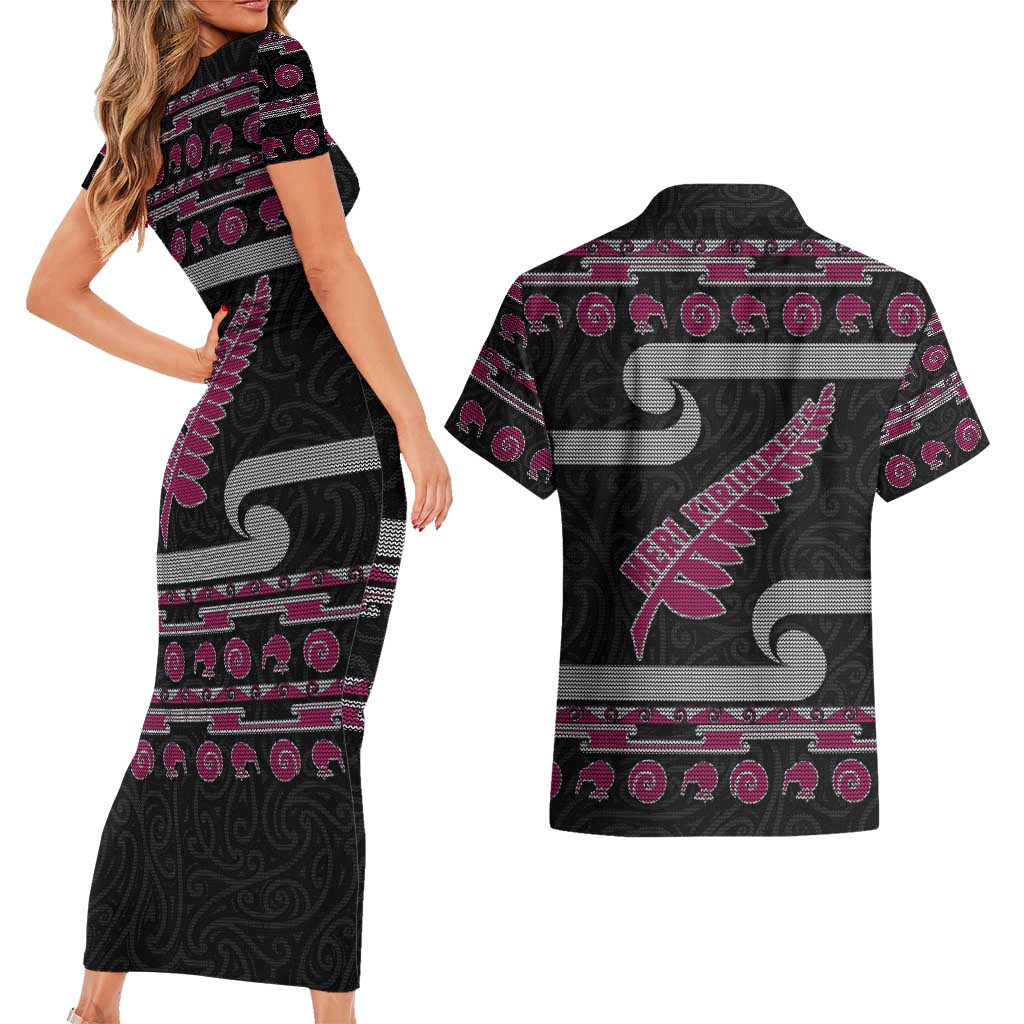 New Zealand Christmas Couples Matching Short Sleeve Bodycon Dress and Hawaiian Shirt Meri Kirihimete Silver Fern Knit Style Pink Color LT03 - Polynesian Pride