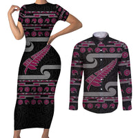 New Zealand Christmas Couples Matching Short Sleeve Bodycon Dress and Long Sleeve Button Shirt Meri Kirihimete Silver Fern Knit Style Pink Color LT03 Pink - Polynesian Pride