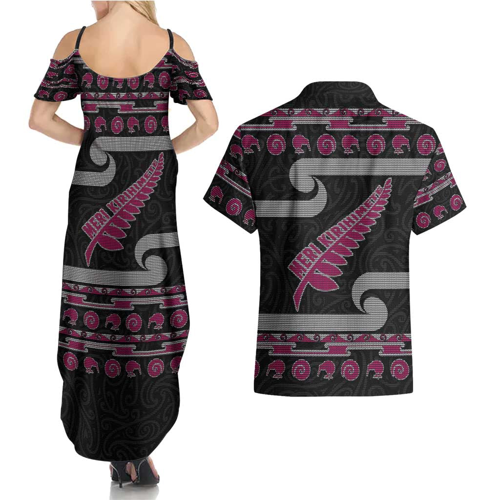 New Zealand Christmas Couples Matching Summer Maxi Dress and Hawaiian Shirt Meri Kirihimete Silver Fern Knit Style Pink Color LT03 - Polynesian Pride