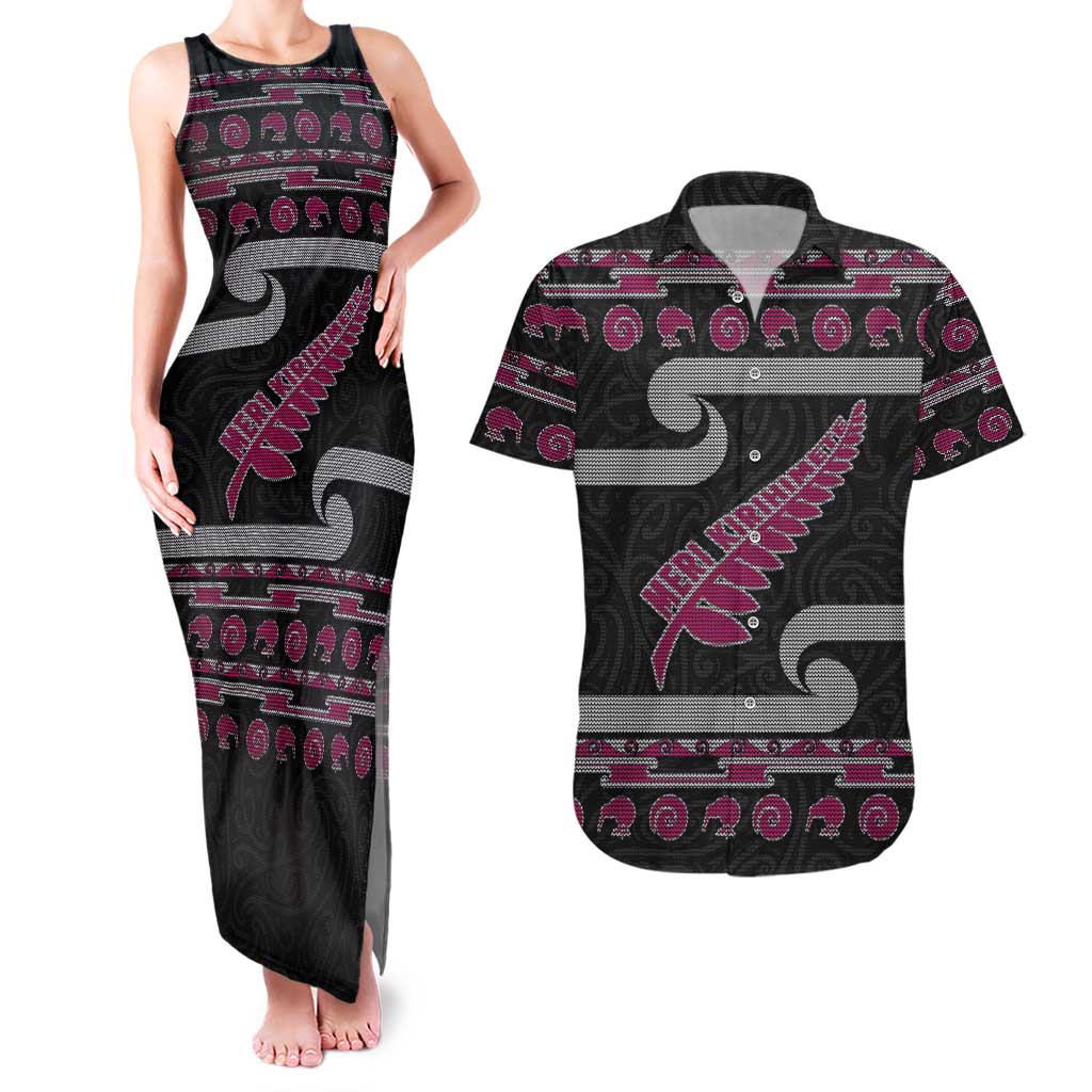 New Zealand Christmas Couples Matching Tank Maxi Dress and Hawaiian Shirt Meri Kirihimete Silver Fern Knit Style Pink Color LT03 Pink - Polynesian Pride